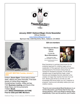 January 2020!! Oakland Magic Circle Newsletter Official Website: Bjornson Hall, 2258 Macarthur Blvd., Oakland, CA 94602
