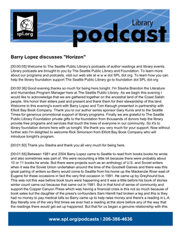 Barry Lopez Discusses "Horizon"