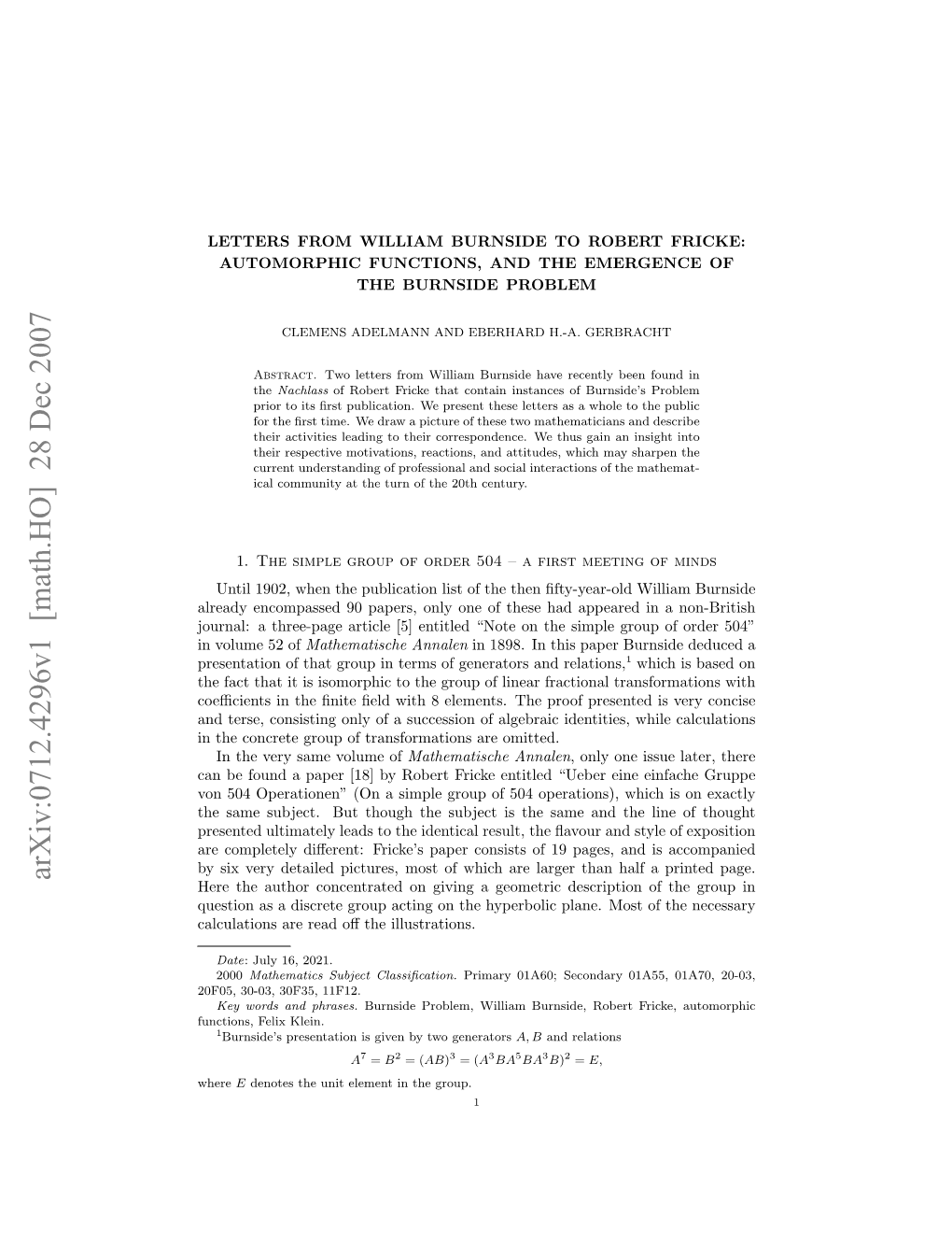 Letters from William Burnside to Robert Fricke: Automorphic Functions, and the Emergence of the Burnside Problem