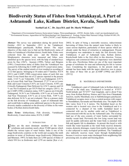 Biodiversity Status of Fishes from Vattakkayal, a Part of Ashtamudi Lake, Kollam District, Kerala, South India