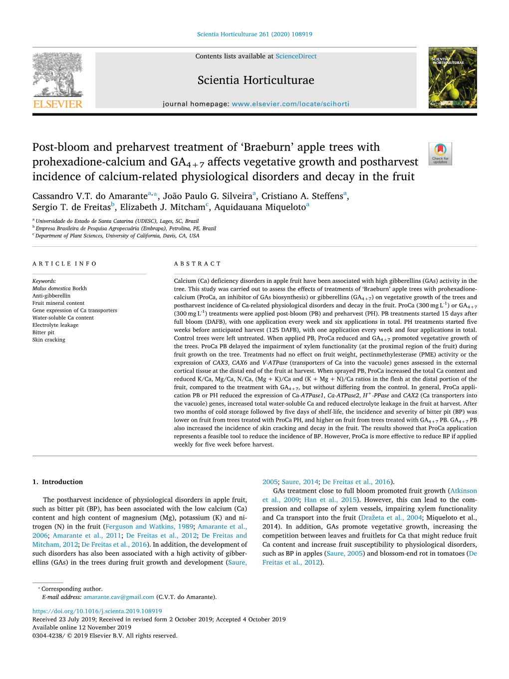 Post-Bloom and Preharvest Treatment of 'Braeburn' Apple Trees With