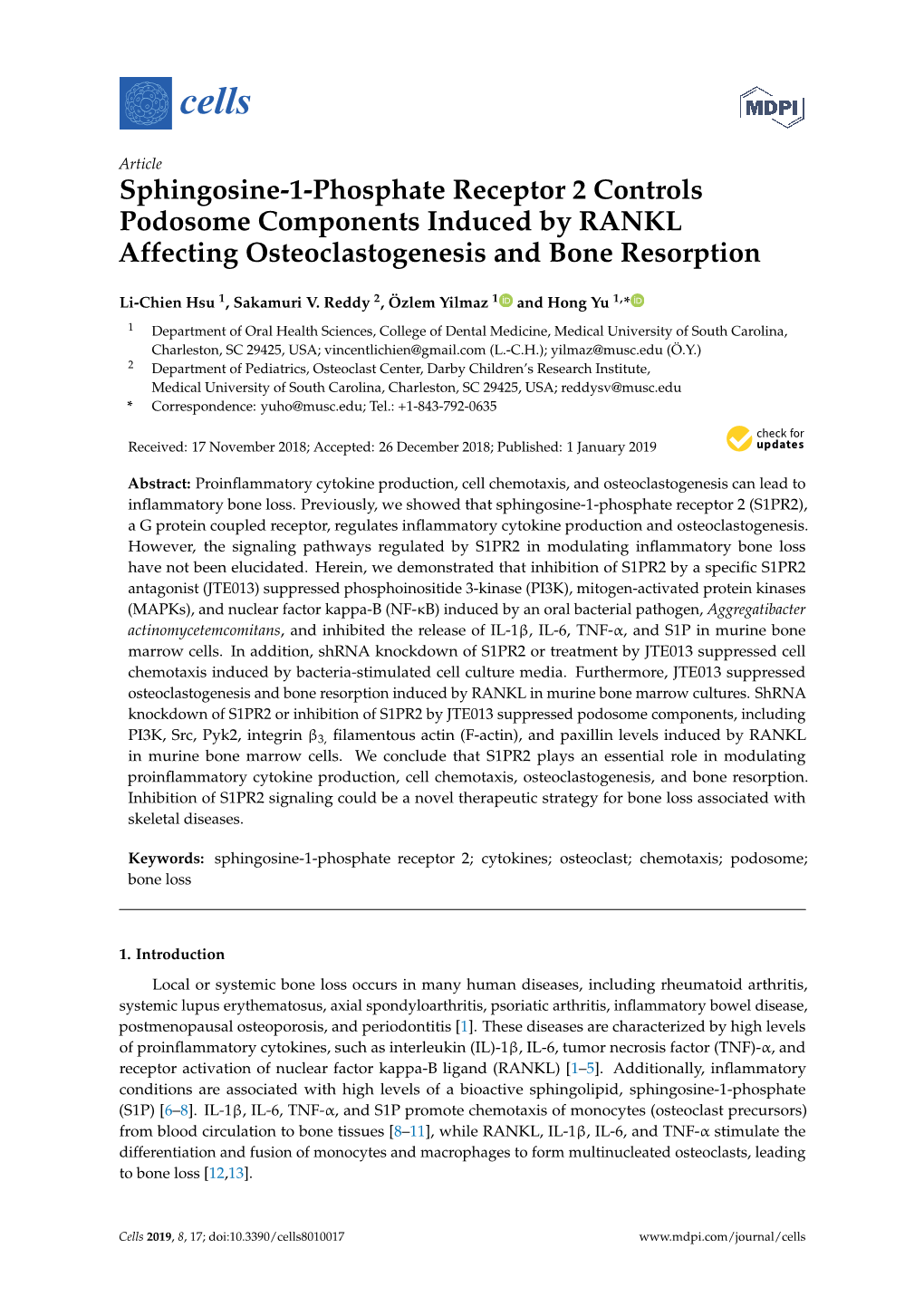 Sphingosine-1-Phosphate Receptor 2 Controls Podosome Components Induced by RANKL Affecting Osteoclastogenesis and Bone Resorption