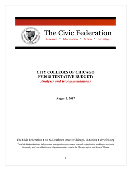 CITY COLLEGES of CHICAGO FY2018 TENTATIVE BUDGET: Analysis and Recommendations