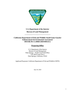 California Department of Fish and Wildlife Small Game Guzzler Enhancement Environmental Assessment DOI-BLM-CA-D060-2020-0036-EA