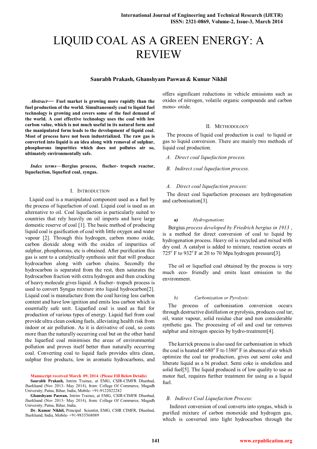 Liquid Coal As a Green Energy: a Review