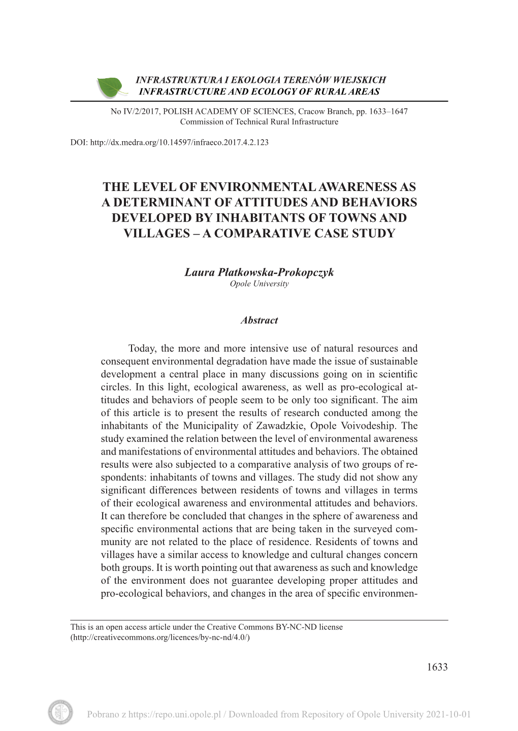 The Level of Environmental Awareness As a Determinant of Attitudes and Behaviors Developed by Inhabitants of Towns and Villages – a Comparative Case Study
