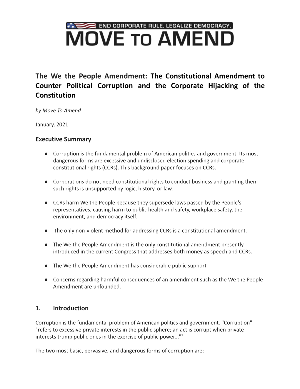 The Constitutional Amendment to Counter Political Corruption and the Corporate Hijacking of the Constitution by Move to Amend