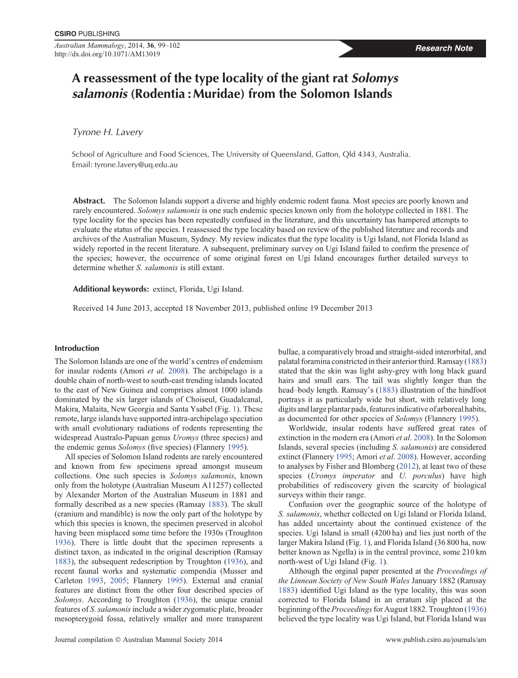 A Reassessment of the Type Locality of the Giant Rat Solomys Salamonis (Rodentia : Muridae) from the Solomon Islands