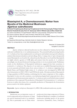 Blazeispirol A, a Chemotaxonomic Marker from Mycelia of The