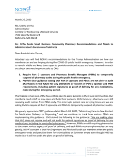 NCPA Letter to CMS Seema Verma