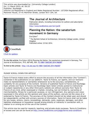 Planning the Nation: the Sanatorium Movement In