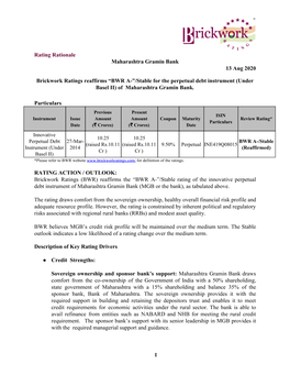 Rating Rationale Maharashtra Gramin Bank 13 Aug 2020 Brickwork Ratings Reaffirms “BWR A-”/Stable for the Perpetual Debt