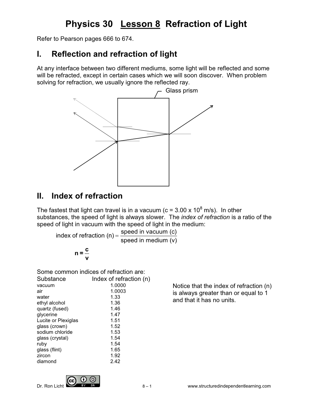 Physics 30 Lesson 8 Refraction of Light