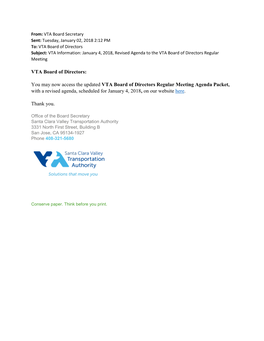 VTA Board of Directors Subject: VTA Information: January 4, 2018, Revised Agenda to the VTA Board of Directors Regular Meeting
