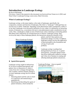Introduction to Landscape Ecology by Kevin Mcgarigal Disclaimer: Some of the Material in This Document Was Borrowed from Turner Et Al