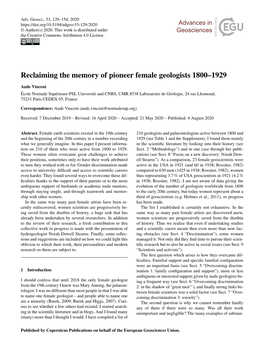 Reclaiming the Memory of Pioneer Female Geologists 1800–1929