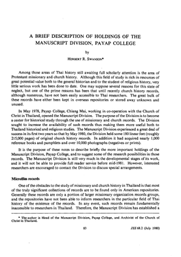 A Brief Description of Holdings of the Manuscript Division, Pa Yap College