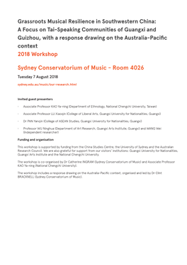 Sydney Conservatorium of Music - Room 4026 Tuesday 7 August 2018 Sydney.Edu.Au/Music/Our-Research.Html