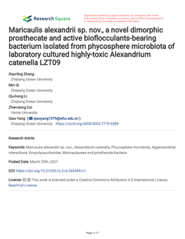 Maricaulis Alexandrii Sp. Nov., a Novel Dimorphic Prosthecate and Active Bio Occulants-Bearing Bacterium Isolated from Phycosphe