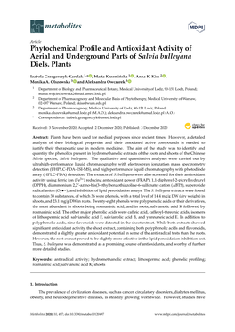 Phytochemical Profile and Antioxidant Activity of Aerial and Underground Parts of Salvia Bulleyana Diels. Plants
