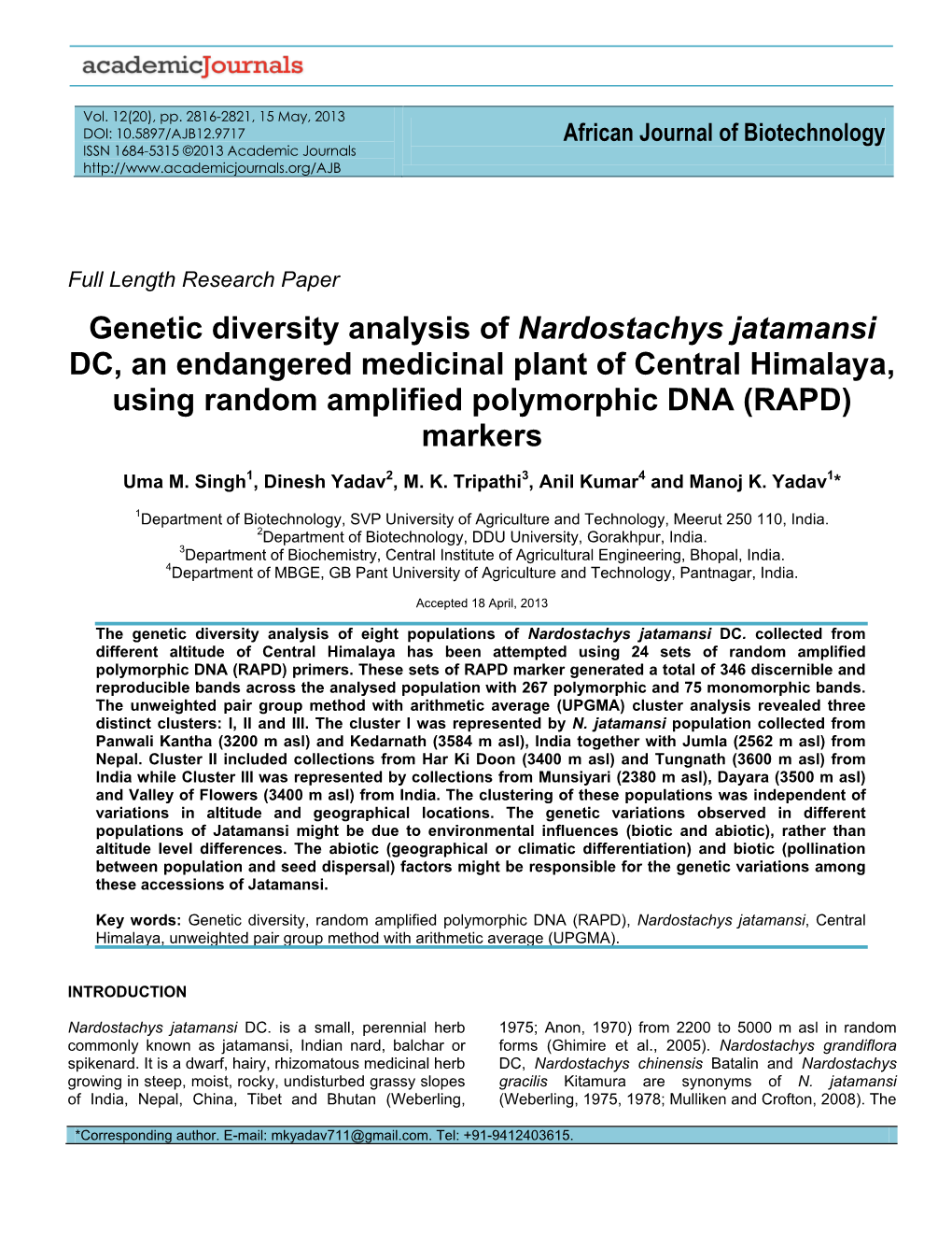 Genetic Diversity Analysis of Nardostachys Jatamansi DC, an Endangered Medicinal Plant of Central Himalaya, Using Random Amplified Polymorphic DNA (RAPD) Markers