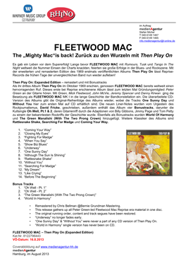 FLEETWOOD MAC the „Mighty Mac“Is Back! Zurück Zu Den Wurzeln Mit Then Play On