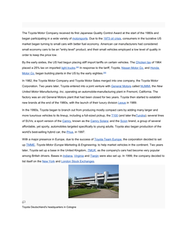 The Toyota Motor Company Received Its First Japanese Quality Control Award at the Start of the 1980S and Began Participating in a Wide Variety of Motorsports