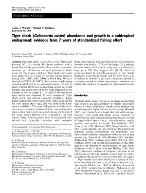 Tiger Shark (Galeocerdo Cuvier) Abundance and Growth in a Subtropical Embayment: Evidence from 7 Years of Standardized ﬁshing Effort
