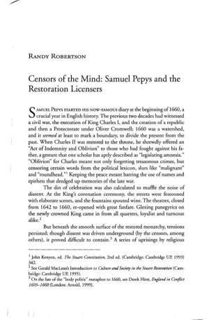 Censors of the Mind: Samuel Pepys and the Restoration Licensers