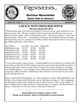 2012 Spring Newsletter Reatta Division of The