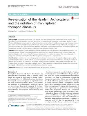 Re-Evaluation of the Haarlem Archaeopteryx and the Radiation of Maniraptoran Theropod Dinosaurs Christian Foth1,3 and Oliver W