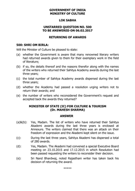 Government of India Ministry of Culture Lok Sabha Unstarred Question No. 500 to Be Answered on 06.02.2017 Returning of Awards 50
