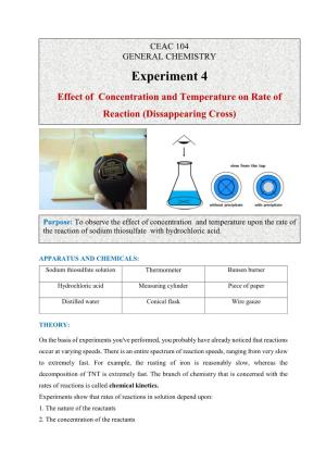 CEAC 104 GENERAL CHEMISTRY Experiment 4 Effect of Concentration and Temperature on Rate of Reaction (Dissappearing Cross)