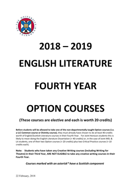2018 – 2019 English Literature Fourth Year Option Courses
