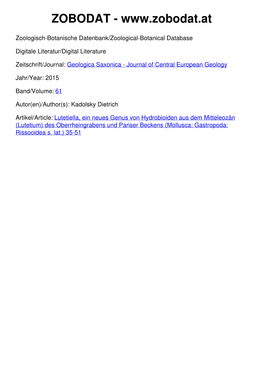 Lutetiella, a New Genus of Hydrobioids from the Middle Eocene (Lutetian) of the Upper Rhine Graben and Paris Basin (Mollusca: Gastropoda: Rissooidea S