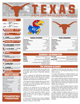 2019 Football Game Notes Gameday Information the Opening Kickoff Schedule What's Inside @Texasfootball #Thisistexas