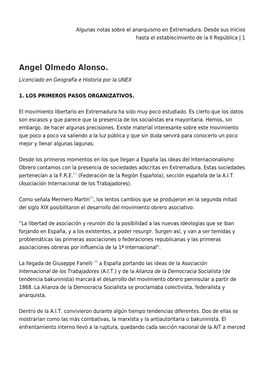 Algunas Notas Sobre El Anarquismo En Extremadura. Desde Sus Inicios Hasta El Establecimiento De La II República | 1