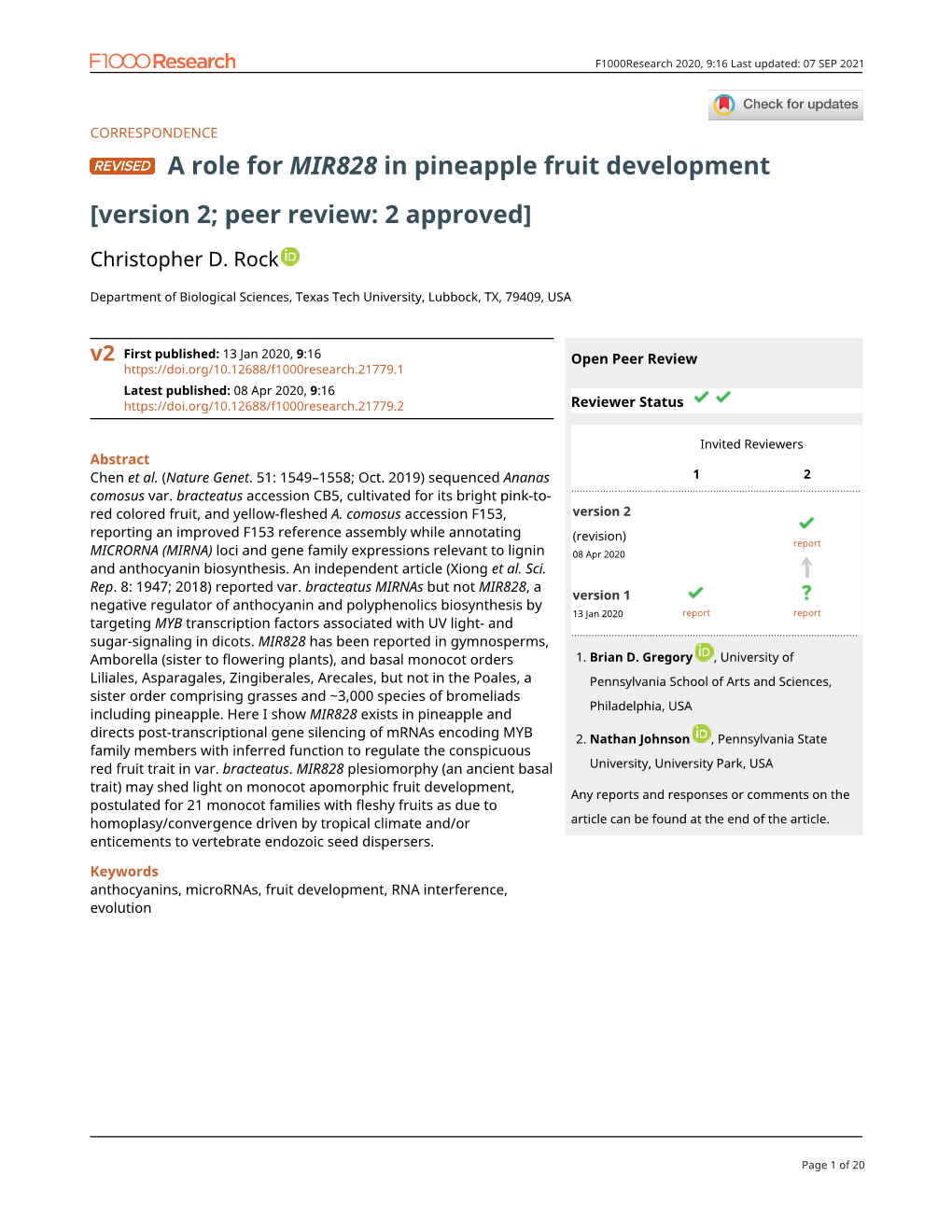 A Role for MIR828 in Pineapple Fruit Development [Version 2; Peer Review: 2 Approved]