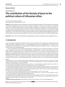 The Contribution of the Society of Jesus to the Political Culture of Lithuanian Elites