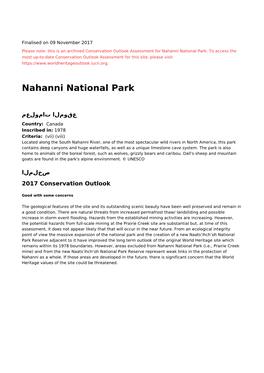 Nahanni National Park - 2017 Conservation Outlook Assessment (Archived)