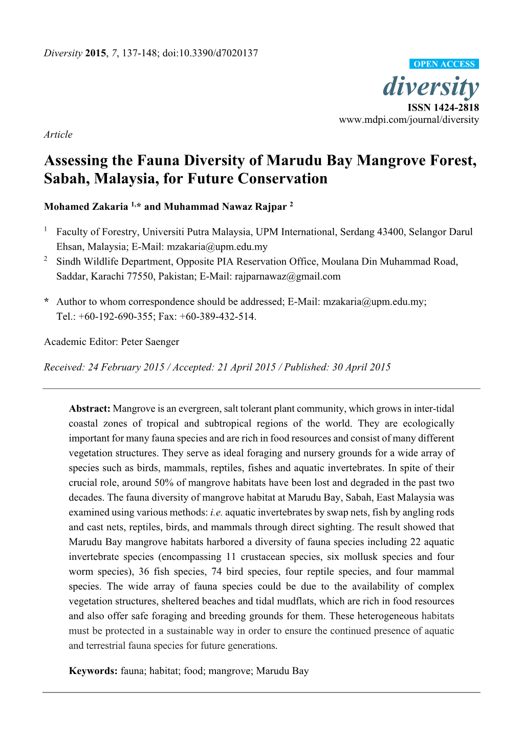 Assessing the Fauna Diversity of Marudu Bay Mangrove Forest, Sabah, Malaysia, for Future Conservation