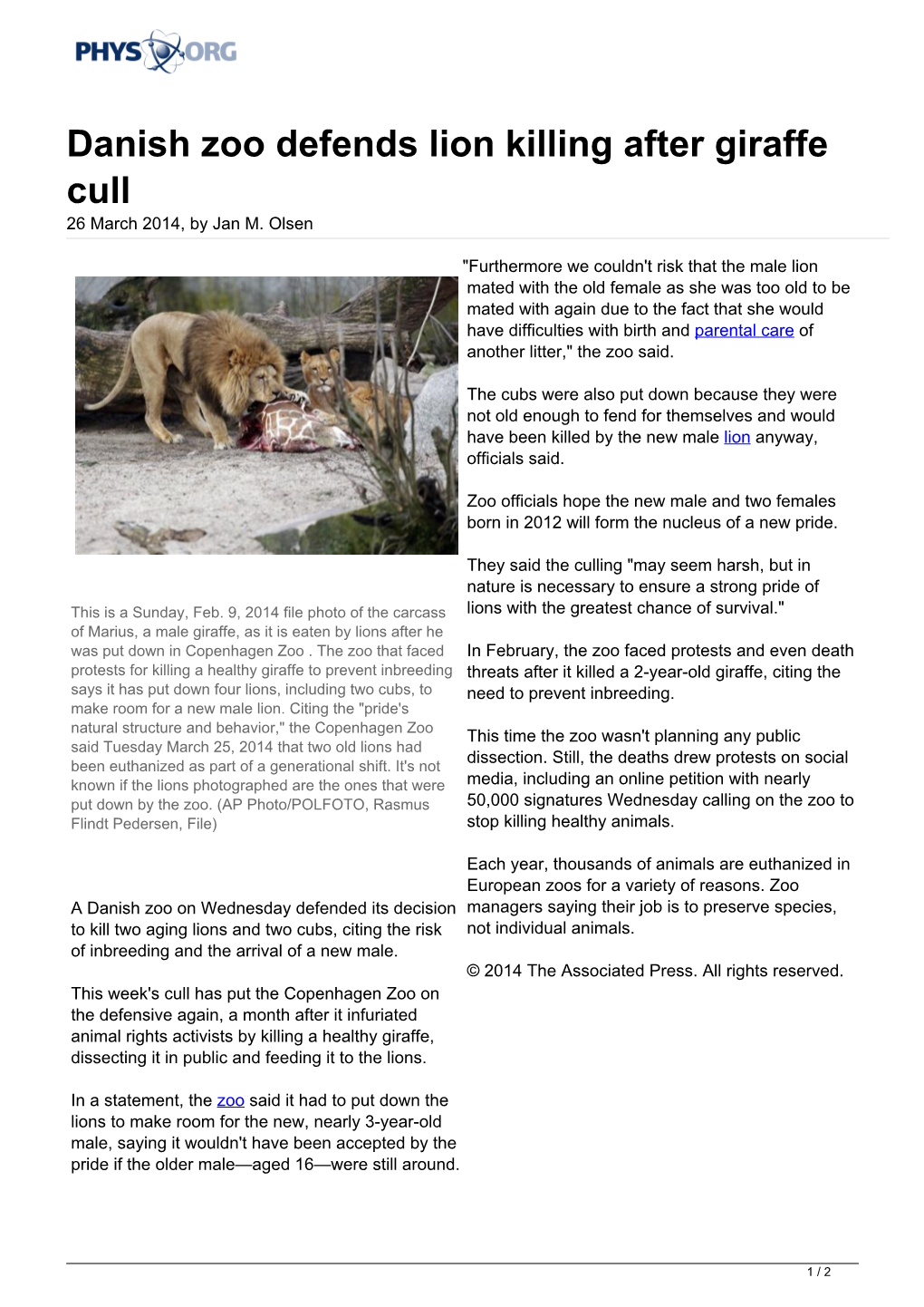 Danish Zoo Defends Lion Killing After Giraffe Cull 26 March 2014, by Jan M