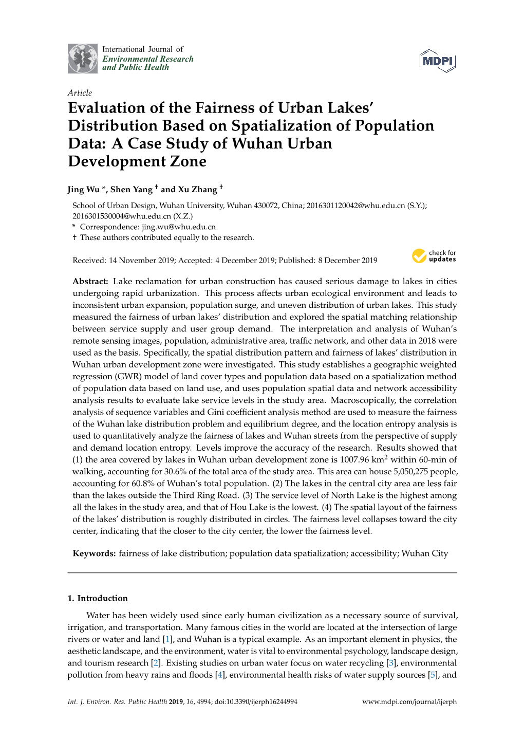 Evaluation of the Fairness of Urban Lakes' Distribution Based On