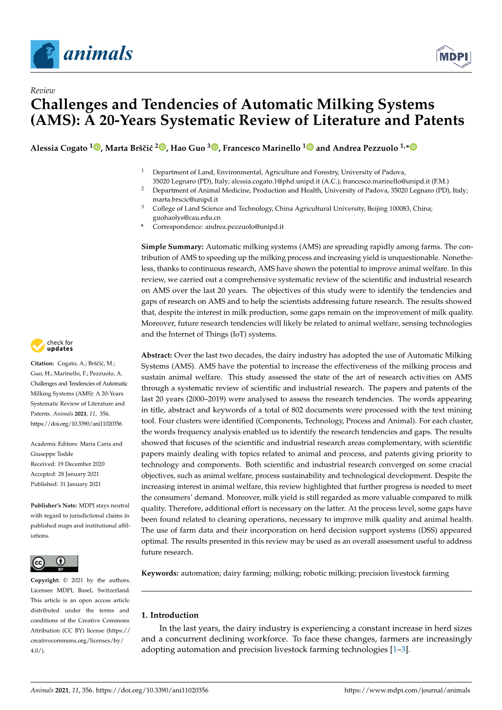 Challenges and Tendencies of Automatic Milking Systems (AMS): a 20-Years Systematic Review of Literature and Patents