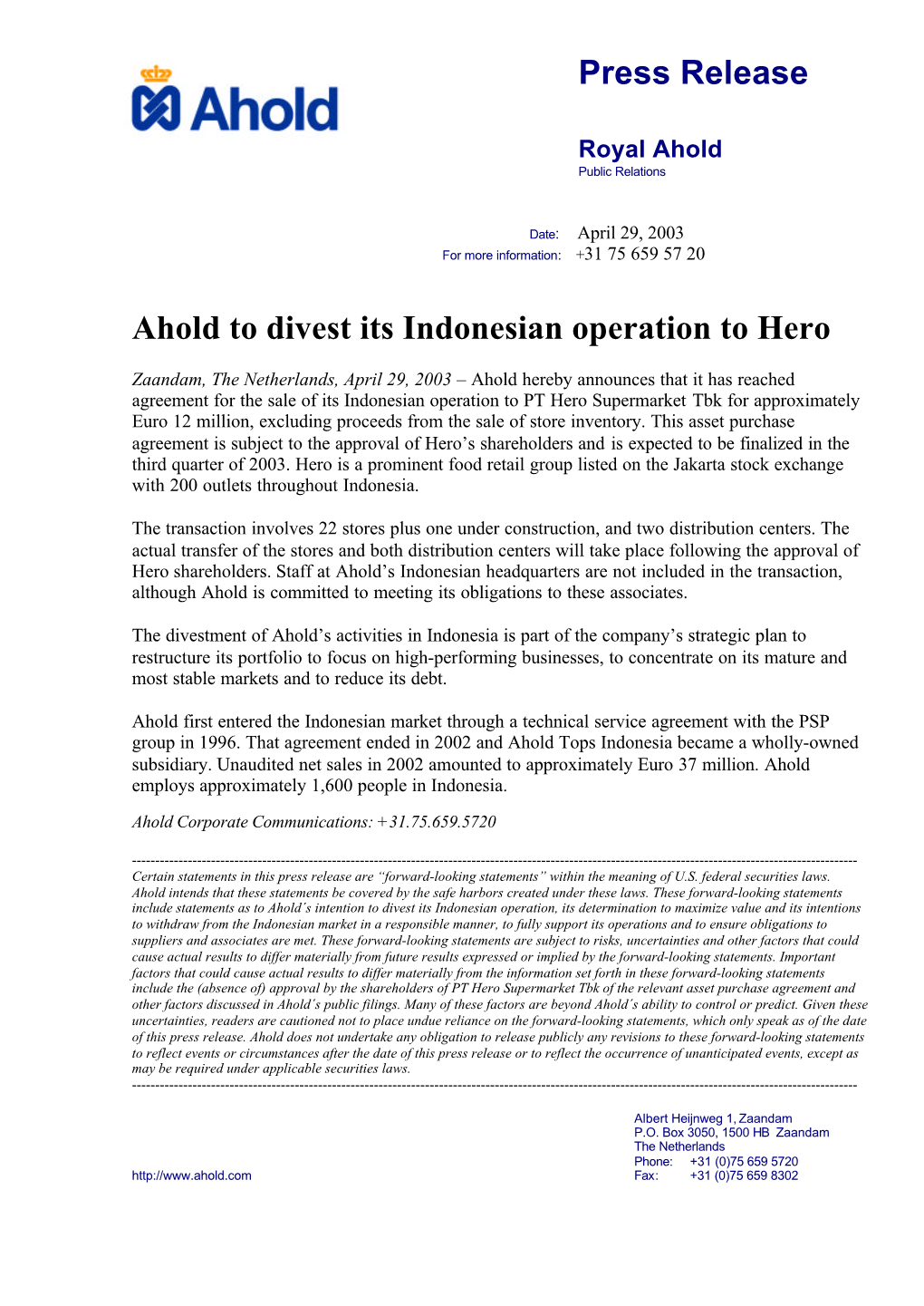 Press Release Ahold to Divest Its Indonesian Operation to Hero