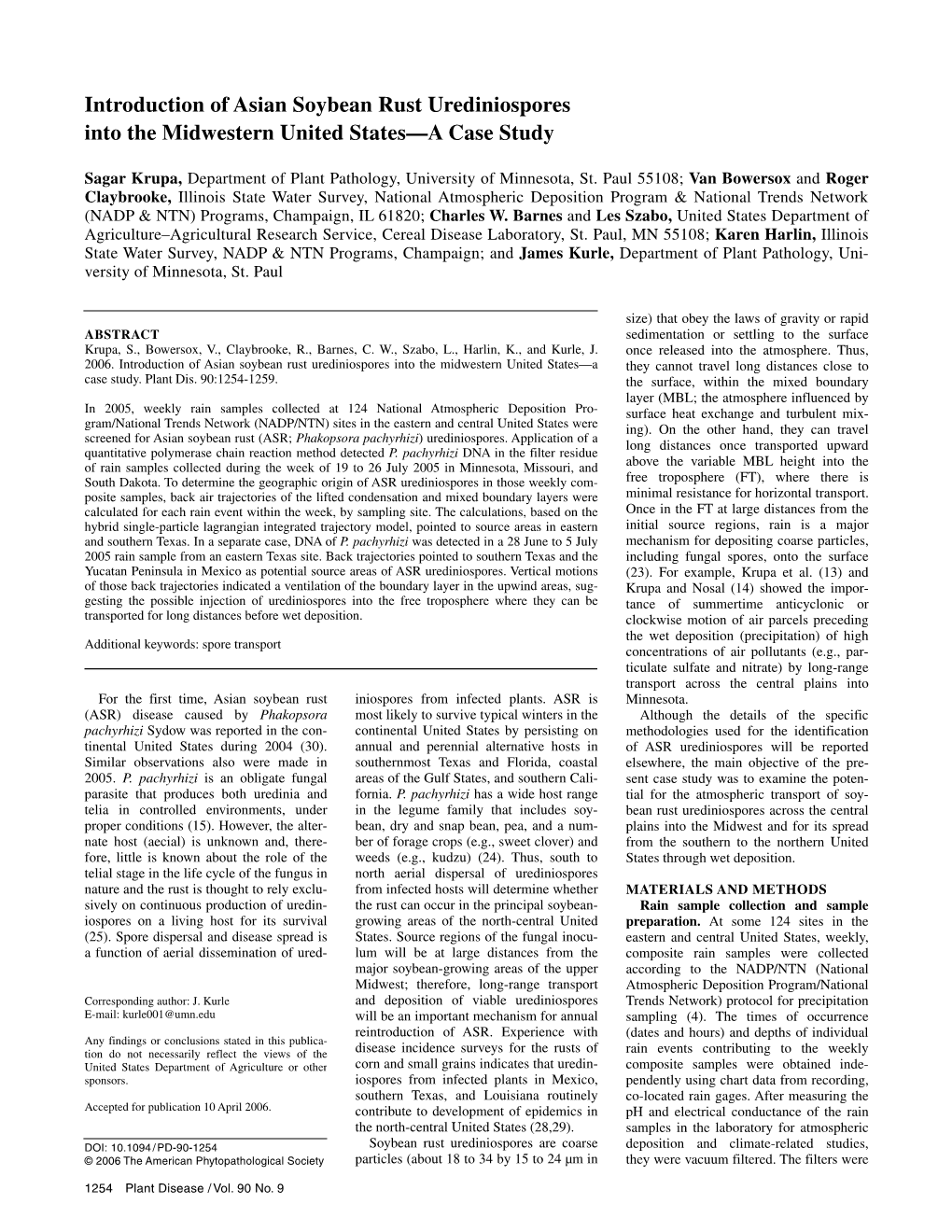 Introduction of Asian Soybean Rust Urediniospores Into the Midwestern United States—A Case Study