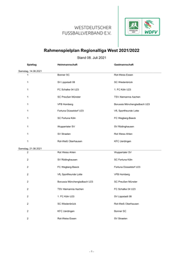 Rahmenspielplan Regionalliga West 2021/2022 Stand 08