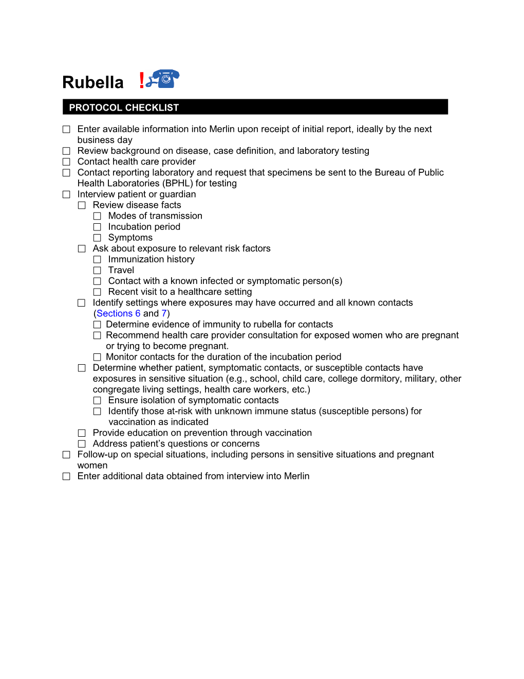 Rubella ! PROTOCOL CHECKLIST