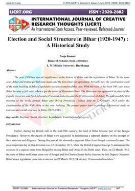 Election and Social Structure in Bihar (1920-1947) : a Historical Study