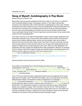 Song of Myself: Autobiography in Pop Music Kendra Leonard (Loveland, OH)